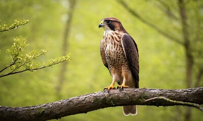 close-up falcon on a branch against the background of a blooming green spring forest