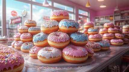 A tower of colorful donuts with various toppings, fun and vibrant, bakery setting