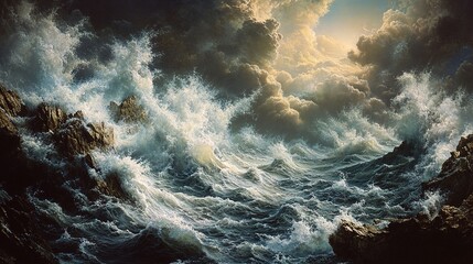 God separates the water from the dry land. And God said, Let the waters under the heavens be gathered together unto one place, and let the dry land appear. Rough sea, rocks