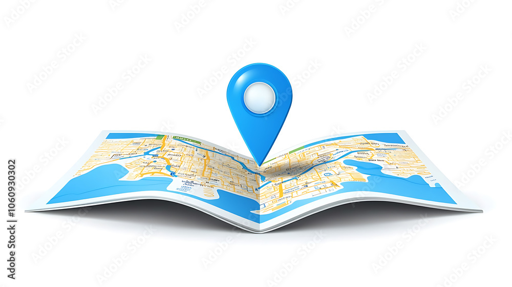Poster 3D Location Folded Paper Map, Search Bar and Pin Isolated, Blue GPS Pointer Marker Icon, GPS and Navigation Symbol, Element for Map, Social Media, Mobile Apps, Realistic Vector Illustration