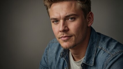 Obraz premium Young man with serious expression posing casually in a denim jacket against a neutral background