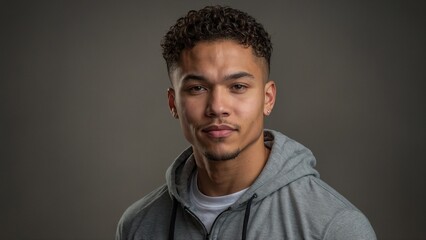 Young man with curly hair and a thoughtful expression wearing a gray hoodie against a neutral background
