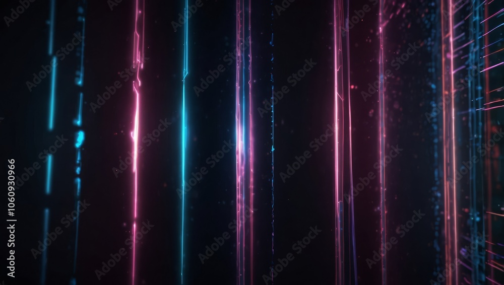 Wall mural abstract background with pink blue glowing neon lines and bokeh lights. data transfer concept. digit