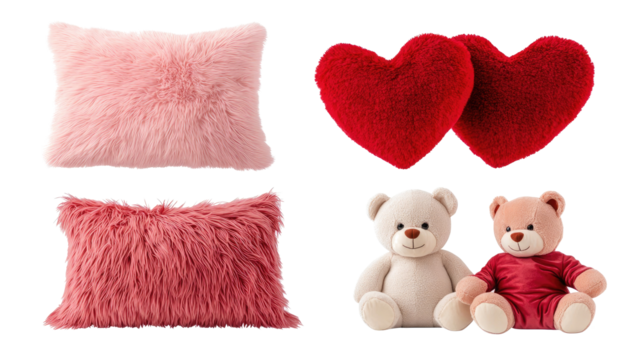 Fluffy Pink and Red Heart Pillows With Teddy Bears for Valentine's Day Generative AI
