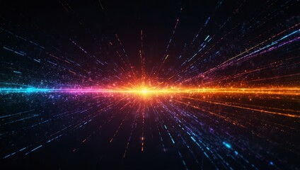 Fototapeta premium bstract digital background with neon light particles and luminous rays in motion, technology and networking. Telecommunication. Big data connection