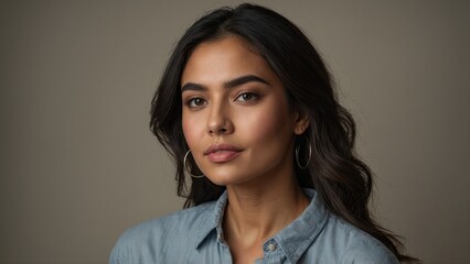 Obraz premium Young Asian woman with a confident expression wearing a denim shirt and hoop earrings against a neutral background