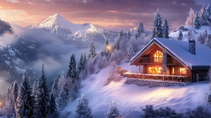 Fototapeta premium A cozy cabin nestled in a snowy mountain landscape at dusk, radiating warmth and tranquility.