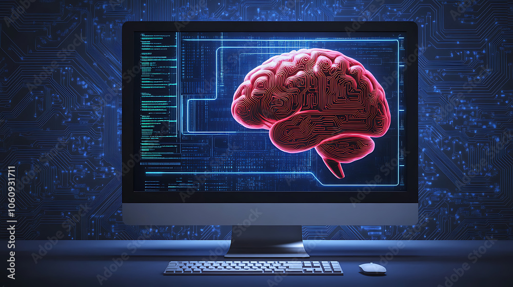 Poster a computer and brain on dark backgrounds with a blue light