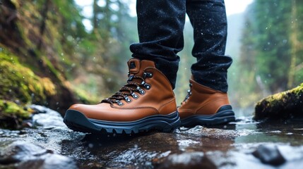 Brown Hiking Boots on a Forest Stream