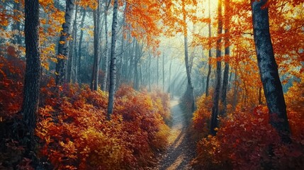 A forest scene with a narrow trail leading through a grove of trees ablaze with autumn colors, with dappled sunlight filtering through the leaves.