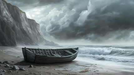Weathered wooden boat stranded on a misty beach with stormy gray skies and turbulent sea in the background. Stormy Beach. Illustration