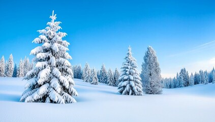 Fototapeta premium There is a golden sunset over the trees in this snowy winter landscape.