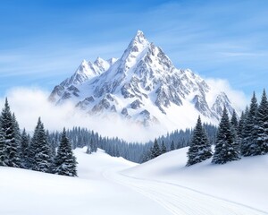 Snow-covered mountain landscape in Winter Wonderland with pine trees and clear blue sky