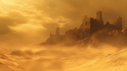 Fototapeta premium Wind-swept desert dunes with fog drift, otherworldly feel, 3d illustration. Wind-swept Desert. Illustration