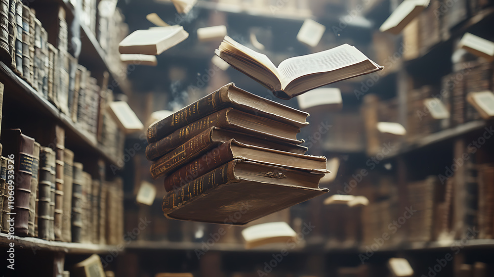 Poster a stack of old books and flying book pages against the background of the shelves in the library, anc