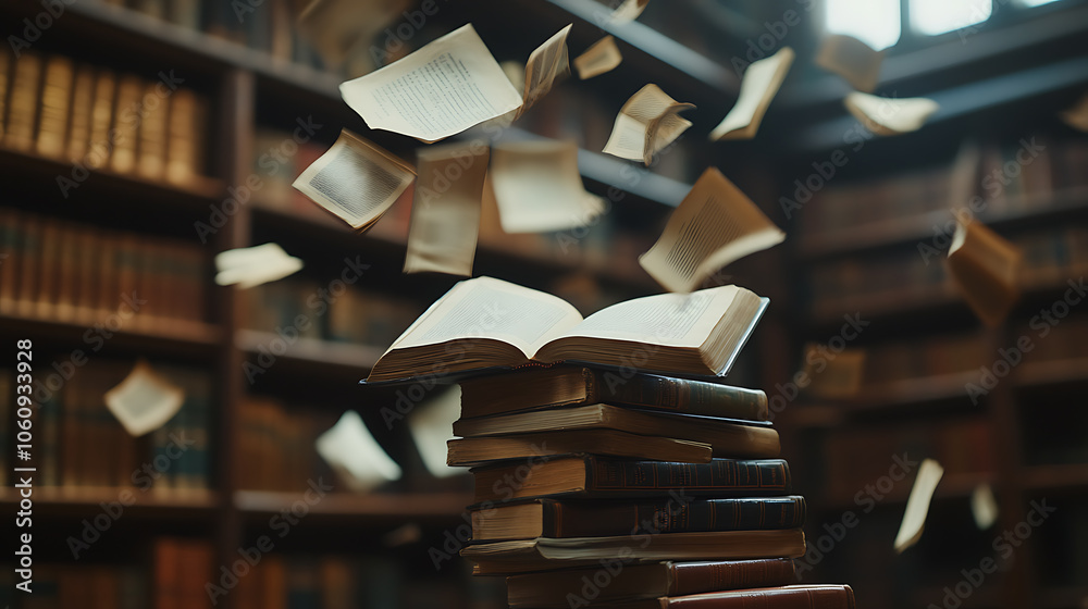 Poster a stack of old books and flying book pages against the background of the shelves in the library, anc