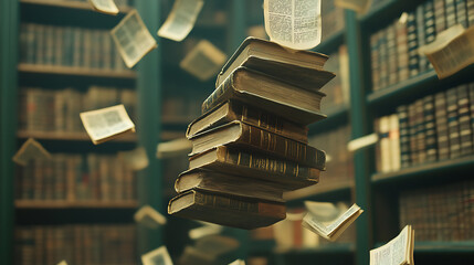 A stack of old books and flying book pages against the background of the shelves in the library,...