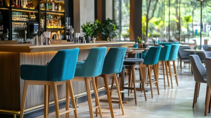 Modern Bar Interior Design with Blue Velvet Stools