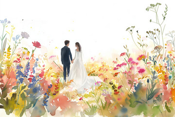 A watercolor illustration of an enchanting wedding scene.