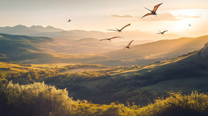 A Thrilling Capture of Flying Pterodactyls Soaring Above a Picturesque Valley with a Vast Sky