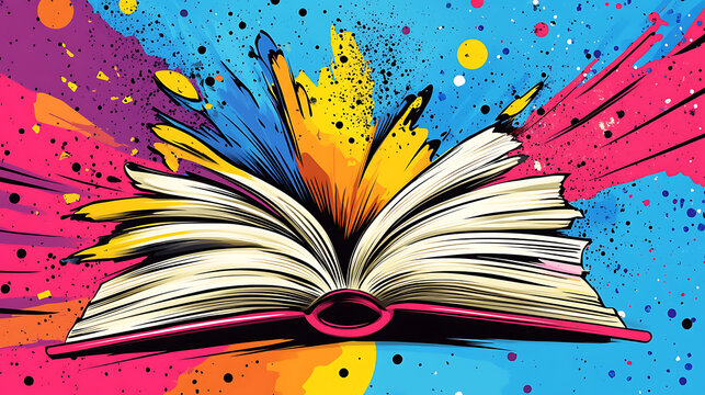 Books graphic background in comic pop art style, colorful comic abstract background template