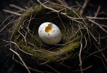 A brown speckled egg nestled in a nest of soft moss and small twigs, isolated on a deep black background, with intricate details on the nest material create with ai