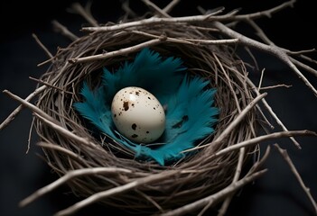 A delicate quail egg in a nest of soft feathers and small twigs, isolated on a dark black background, with the egg&rsquo;s intricate spots visible create with ai