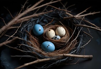A quail egg in a nest of soft feathers and small twigs, isolated on a dark black background, with the egg’s intricate spots visible create with ai