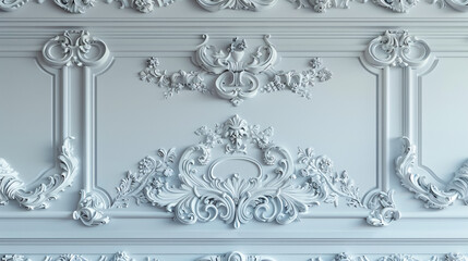 Elegant stucco elements on a light luxury wall, featuring white patterned mouldings in the Rococo style.