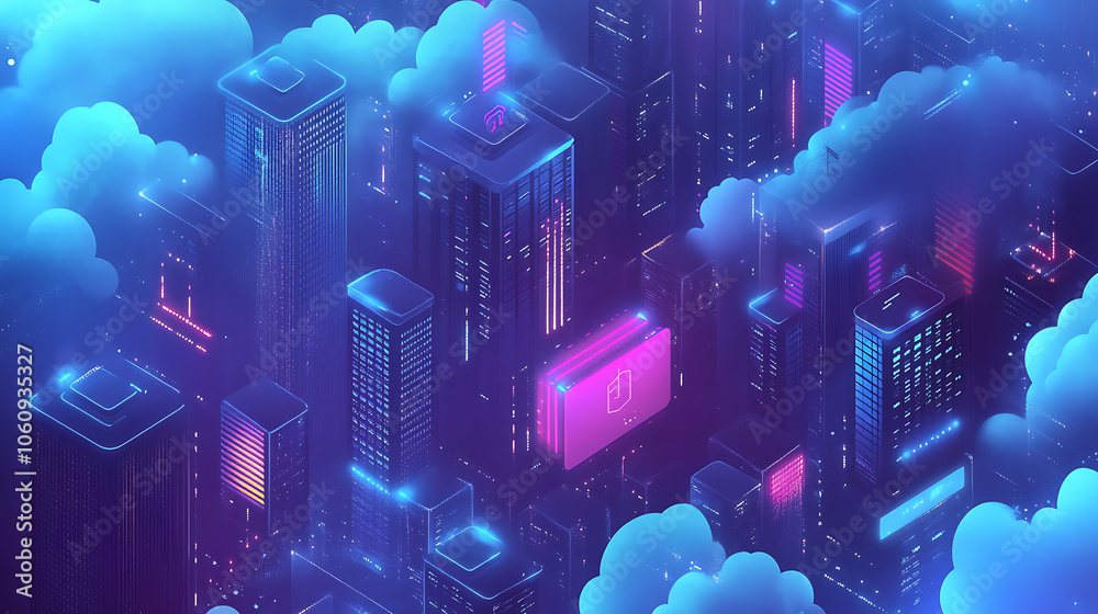 Poster Cloud storage for downloading an isometric, A digital service or application with data transmission, Network computing technologies, Futuristic Server, Digital space, Data storage, Vector illustration
