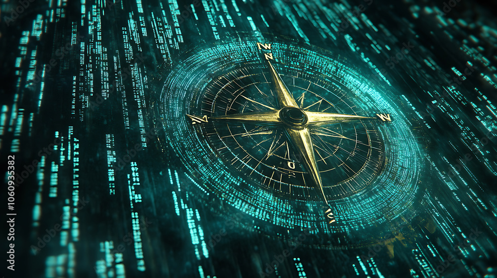 Poster compass direction on digital code blue background, 3d rendering
