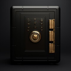 Black metal safe with gold accents and a large dial.