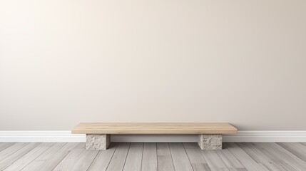 Fototapeta premium Wooden bench with stone base in front of a white wall.