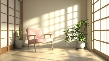Minimalist, japandi interior design of modern stylish living room. Accent pink armchair against window.