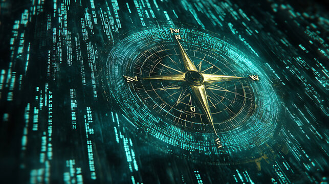 Compass Direction On Digital Code Blue Background, 3d rendering