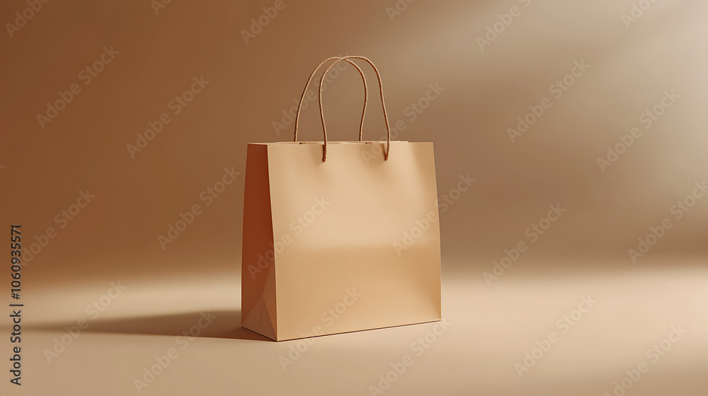 Poster craft brown paper bag and handle vector mockup, shopping package mock up to carry food front view ic