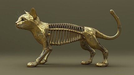 A golden cat sculpture with visible skeletal structure.