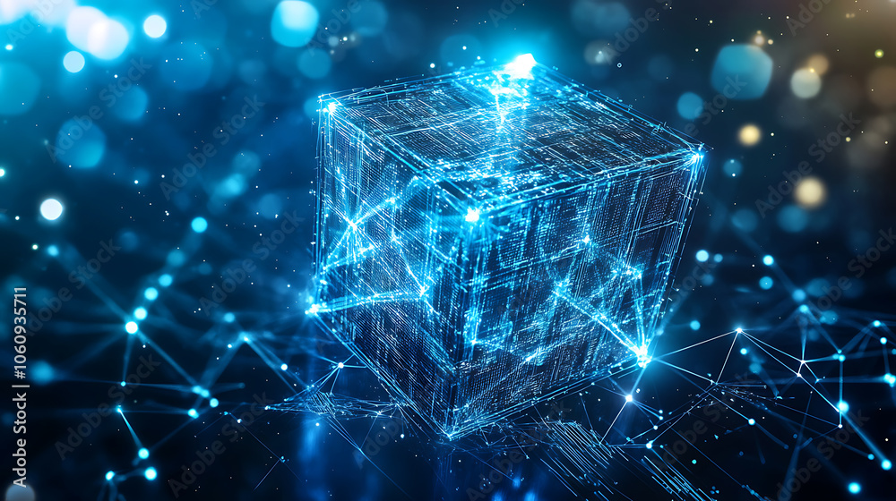 Fototapete Cube technology on Converging point of circuit with Abstract blue background, Blockchain Network System, Big data storage processing, Cloud data, Internet Security, and Digital Technology, 3D render