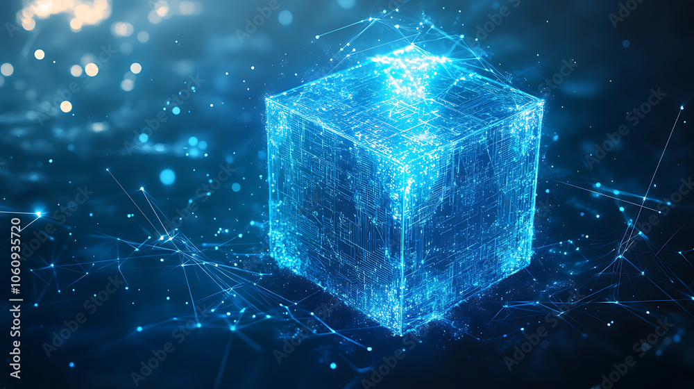 Poster Cube technology on Converging point of circuit with Abstract blue background, Blockchain Network System, Big data storage processing, Cloud data, Internet Security, and Digital Technology, 3D render