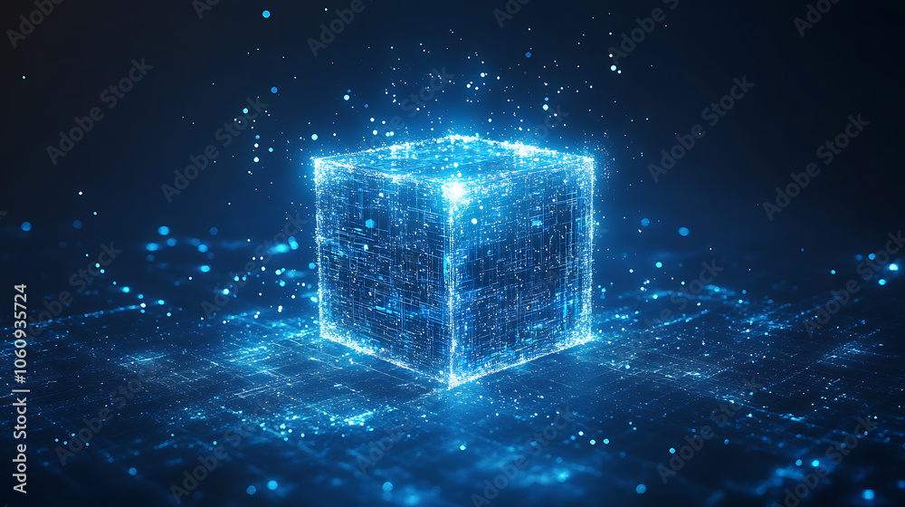 Leinwandbilder Cube technology on Converging point of circuit with Abstract blue background, Blockchain Network System, Big data storage processing, Cloud data, Internet Security, and Digital Technology, 3D render