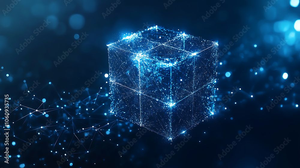 Poster Cube technology on Converging point of circuit with Abstract blue background, Blockchain Network System, Big data storage processing, Cloud data, Internet Security, and Digital Technology, 3D render