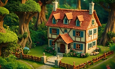 cozy charming cottage located in the fabulous atmosphere of a dense mystical forest.