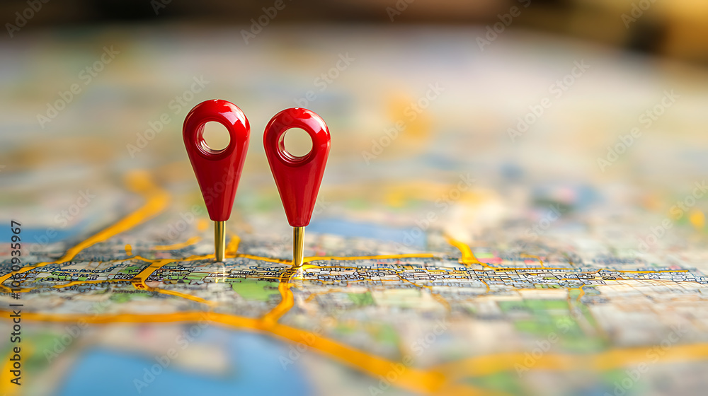 Poster digital hand set location on map with two pins, ai technology in gps, innovation delivery, map locat