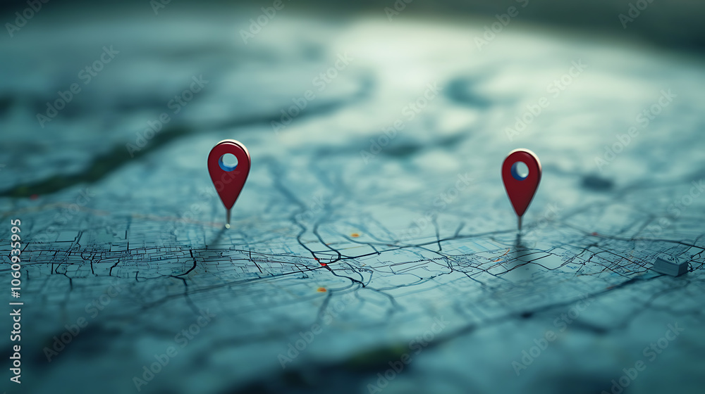 Poster digital hand set location on map with two pins, ai technology in gps, innovation delivery, map locat