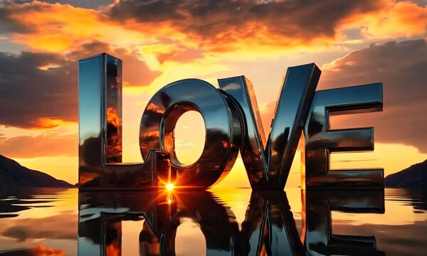Word LOVE with reflection, clouds, sun, powerful Valentine