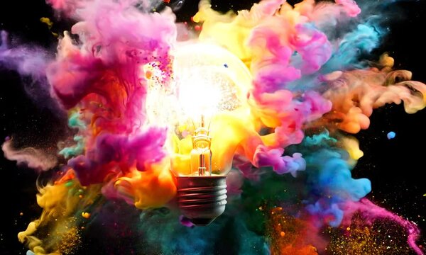 Creative light bulb explodes with colorful powder paint and splashes isolated on a black background. Think differently creative idea concept	
