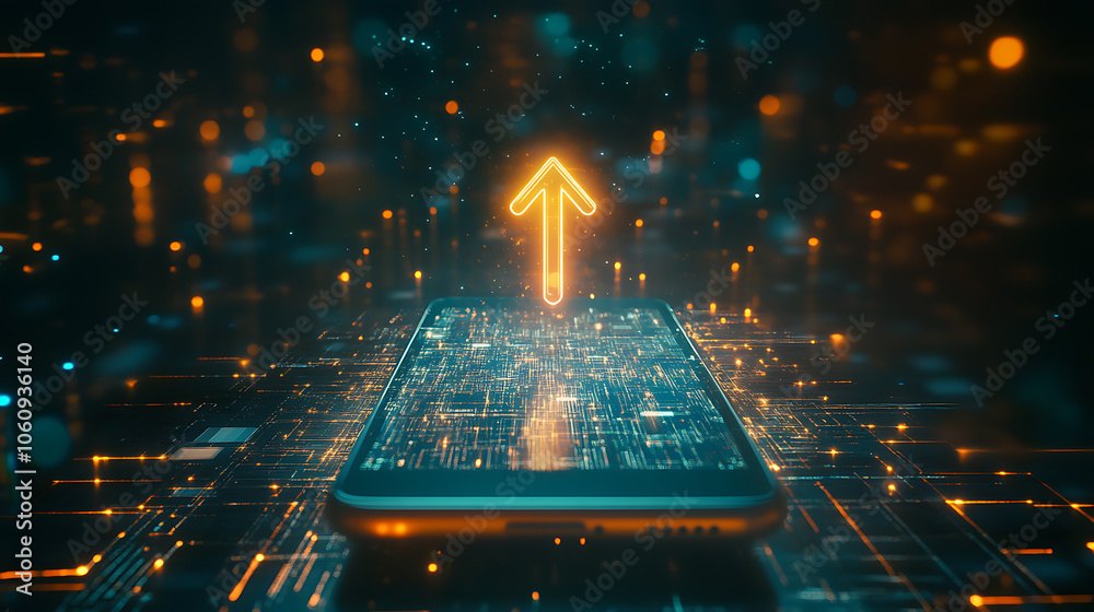 Aufkleber Digital world emerging from smartphone with GPS arrow pointing forward, blending reality and technology