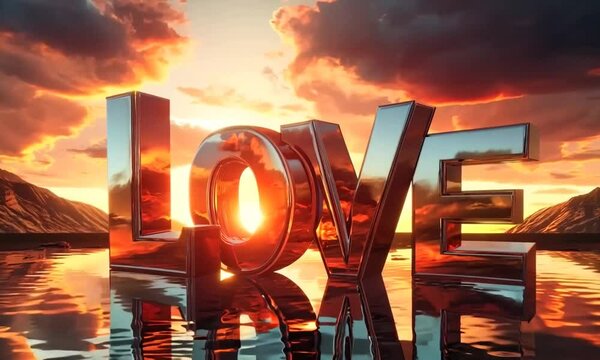 Word LOVE with reflection, clouds, sun, powerful Valentine