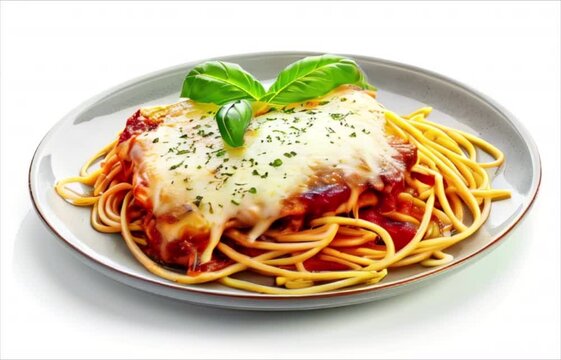 Veal parmigiana with cheese, basil and spaghetti on white background. Traditional Italian cuisine pasta dish