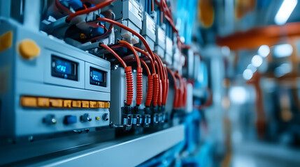 Naklejka premium Electric control cabinet substation in a new factory plant